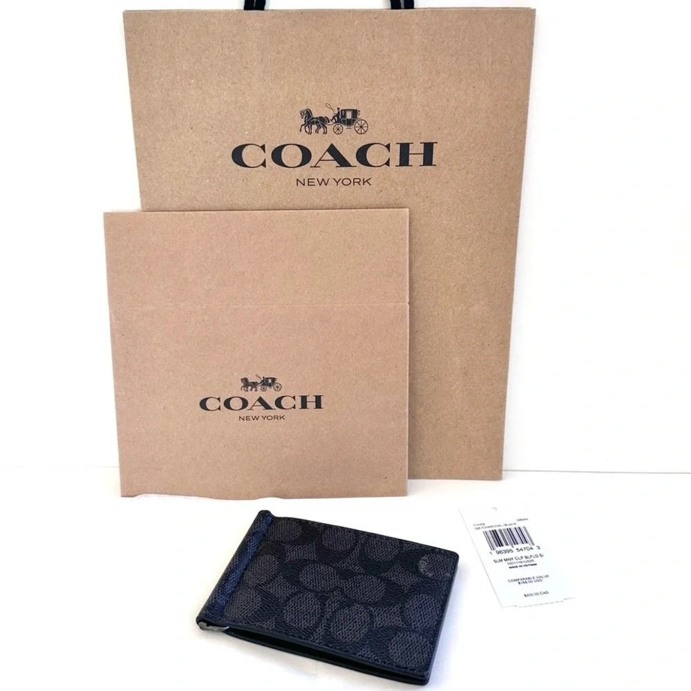 COACH SLIM MONEY CLIP BILLFOLD WALLET BLACK/GRAY SIGNATURE CANVAS NEW GIFT WRAP